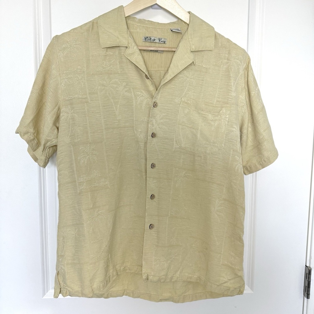 Batik Bay 100% Silk Palm Tree Jacquard Camp Shirt Men's M Yellow Hawaiian Aloha